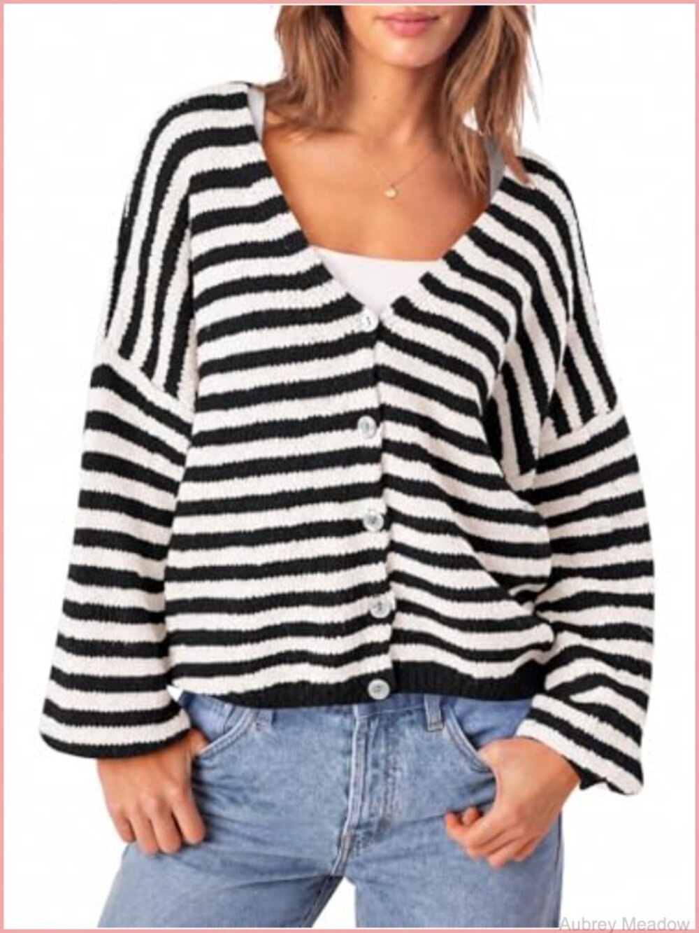 Women's Oversized Striped Cardigan V-Neck Button Down Fall